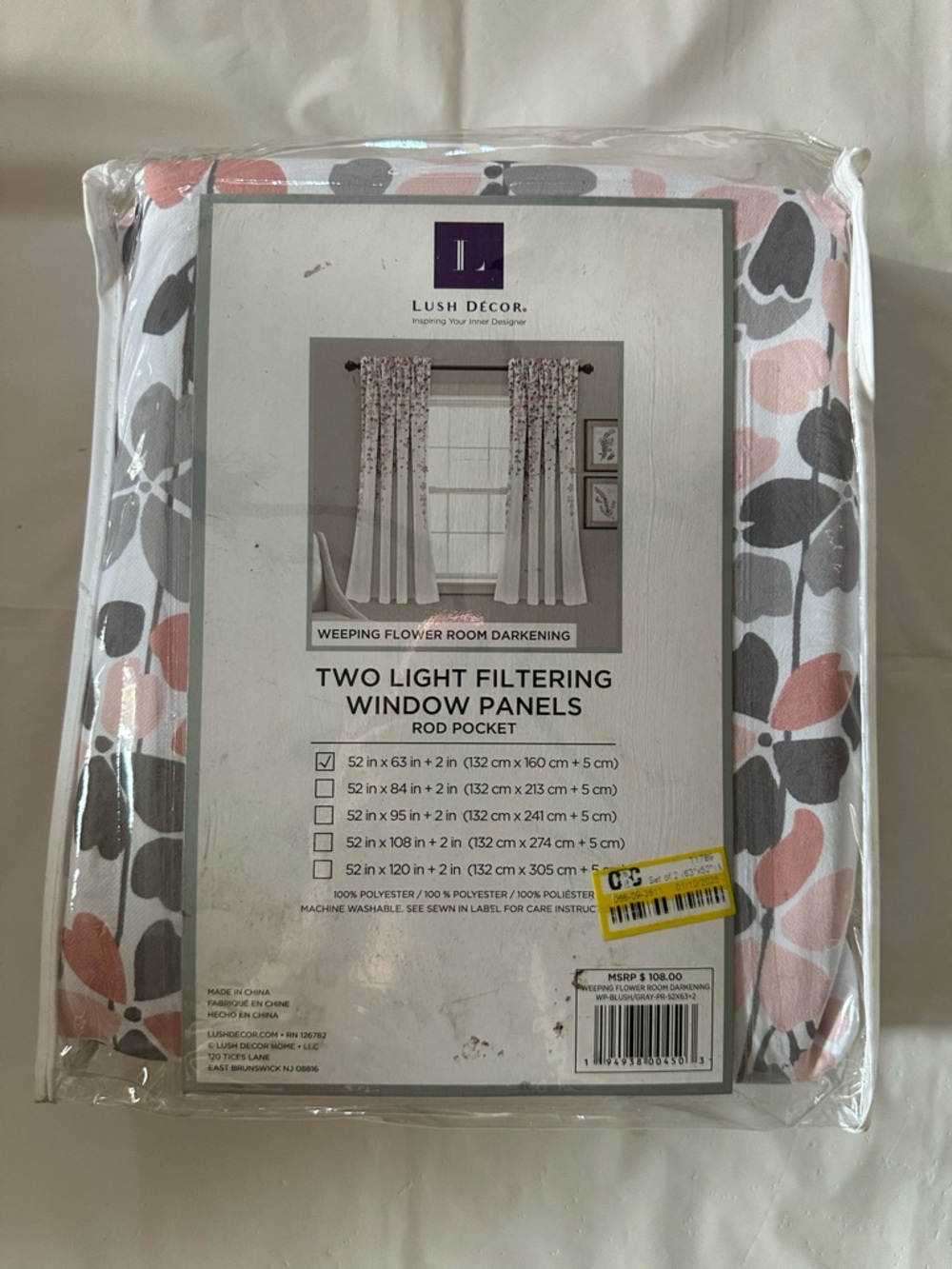 Weeping Flower Light Filtering Window Panels - Pink & Gray